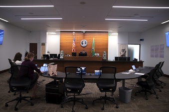 caption: A King County Juvenile courtroom is shown on Wednesday, April 26, 2023, at the Patricia H. Clark Children and Family Justice Center on E. Alder Street in Seattle. 