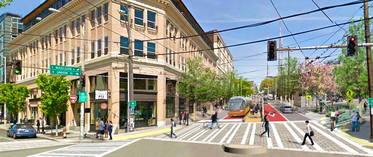 caption: An artist's depiction of what Bus Rapid Transit could look like on Madison Street.