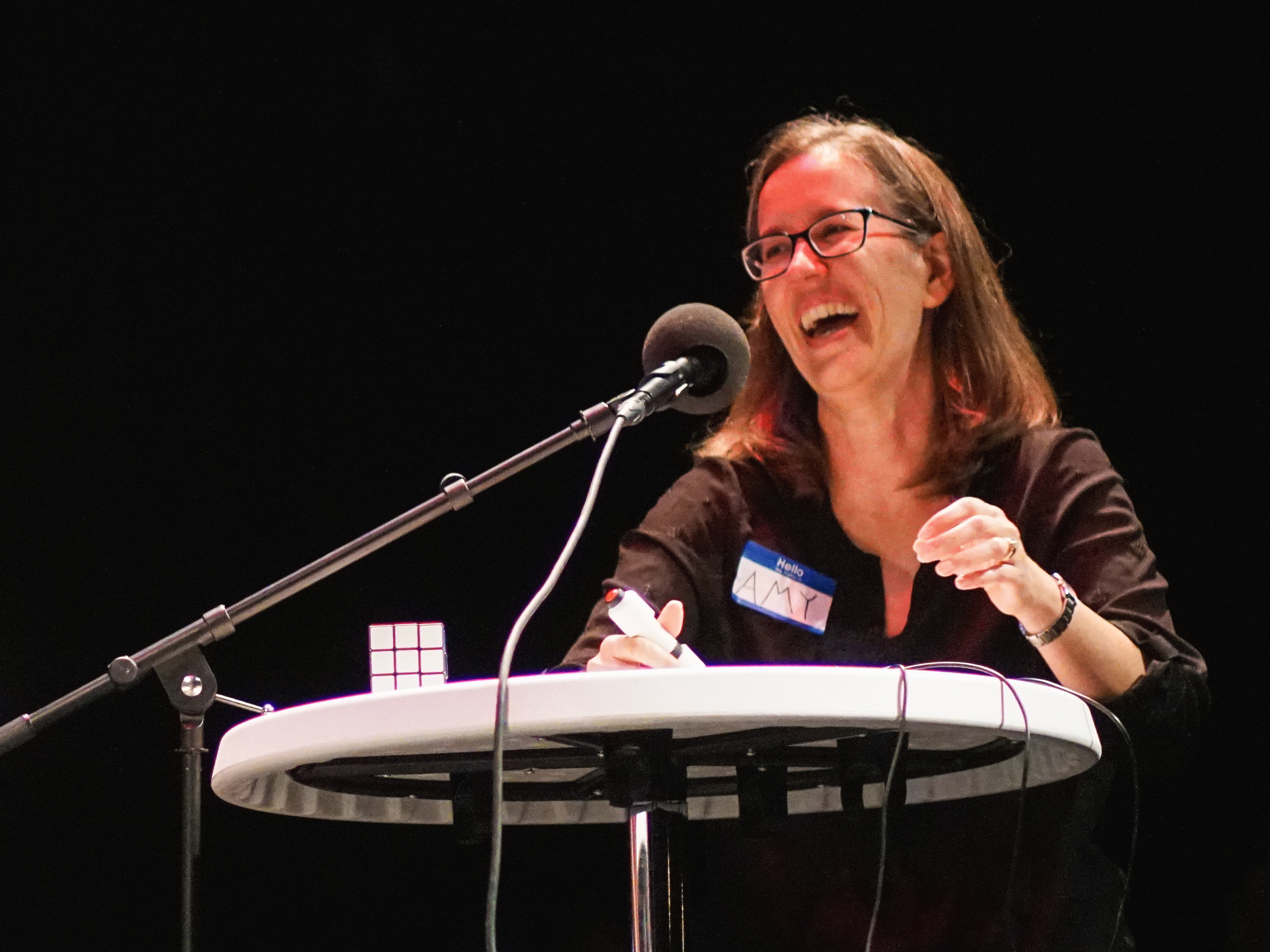caption: Contestants Zach Popkin-Hall and Amy Paul appear on <em>Ask Me Another</em> at Cullen Performance Hall at the University of Houston, in Houston, Texas.