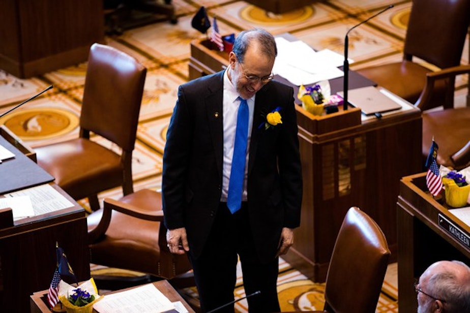 caption: <p>State Sen. Michael Dembrow, D-Portland, on the floor of the Oregon Senate in Salem, Ore., Monday, Jan. 14, 2019.</p>