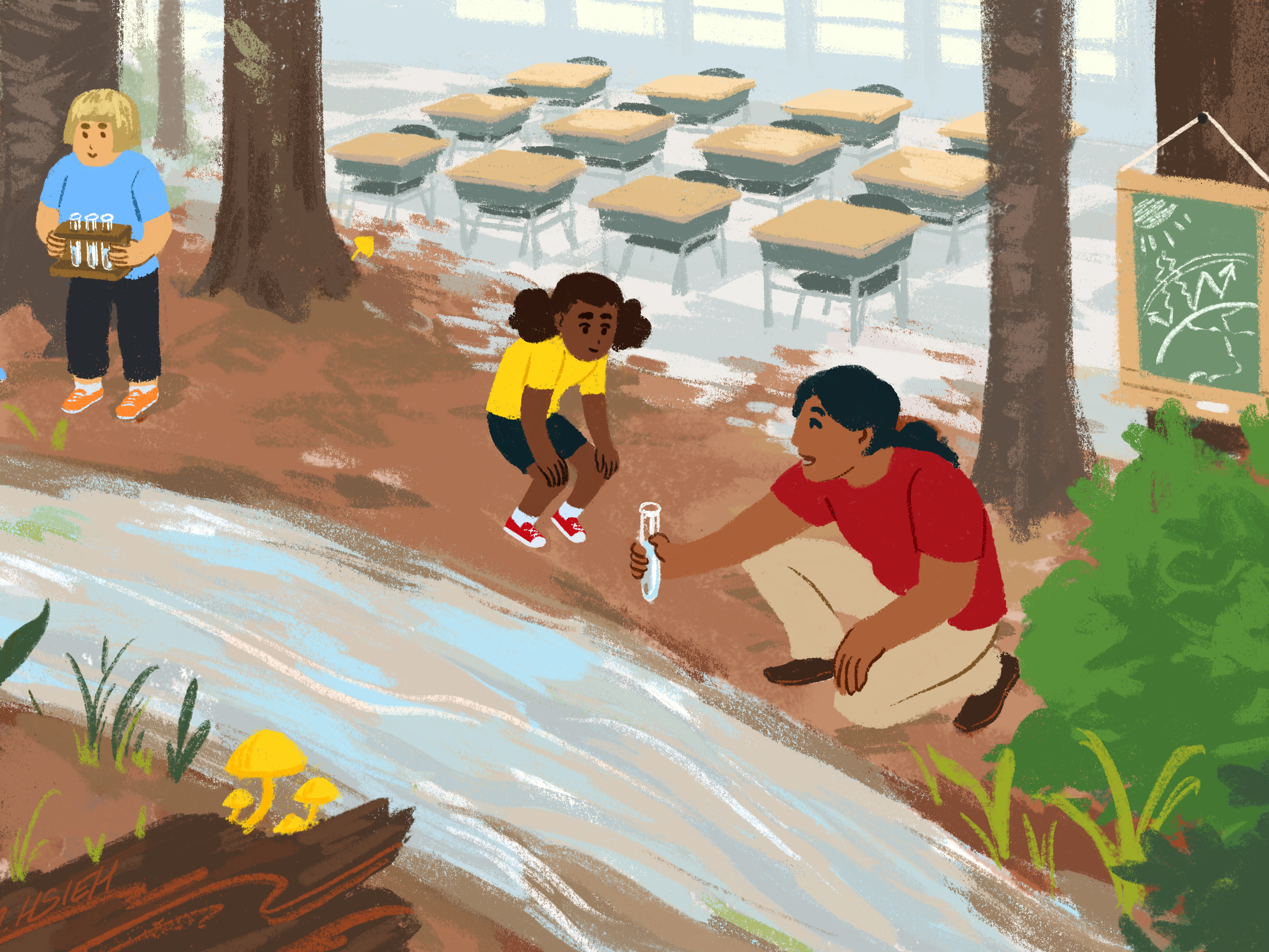 In a classroom by a river, a teacher collects water samples with her class.