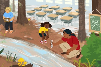 In a classroom by a river, a teacher collects water samples with her class.