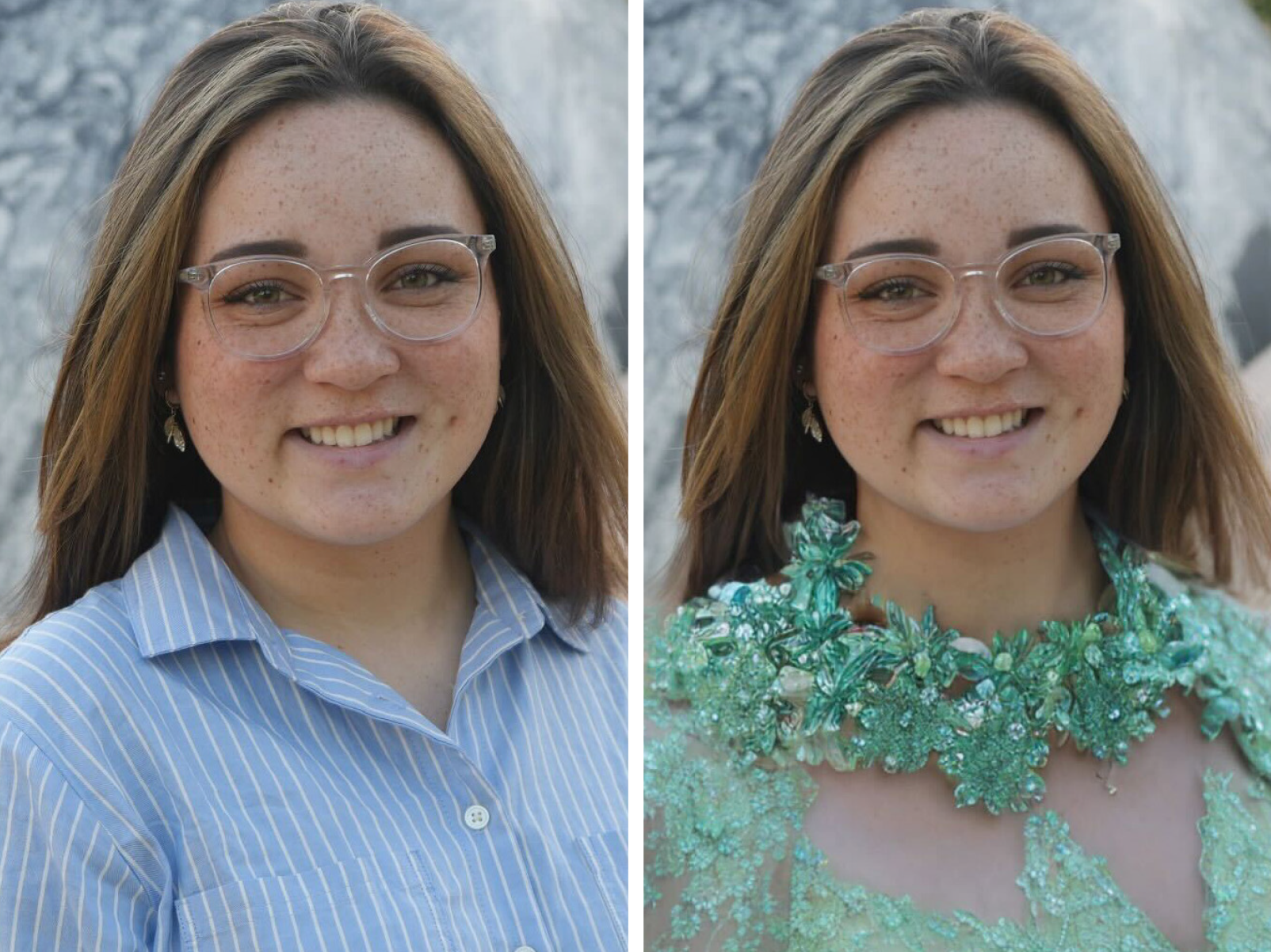 caption: Sophia Jones' original photo on the left, and the AI-generated version on the right.