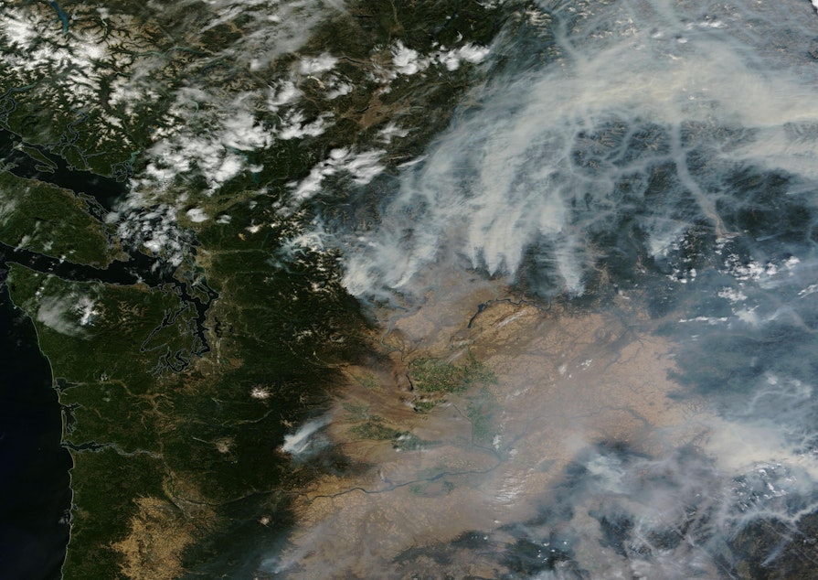 caption: Wildfires send up plumes of smoke across Washington on Tuesday, Aug. 25, 2015, in this photo produced using NASA's Worldview tool. 