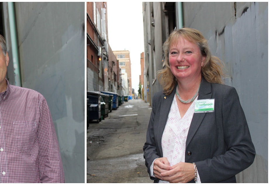 caption: Seattle City Council District 6 candidates Mike O'Brien and Catherine Weatbrook.