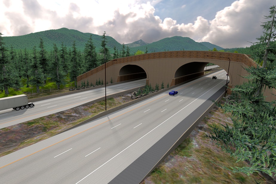 caption: A drawing of what the Prince Creek Animal Overcrossing will look like on I-90. The project is expected to be completed in the fall of 2019.