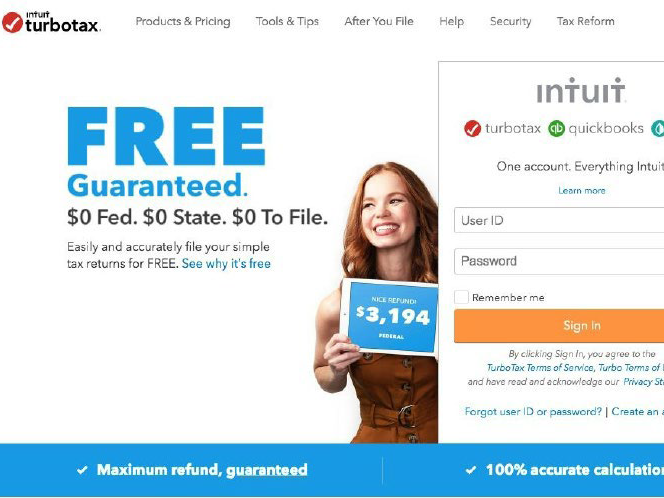 caption: Intuit's 2018 homepage for TurboTax failed to adequately disclose the limits of the "free" offer, the Federal Trade Commission says.