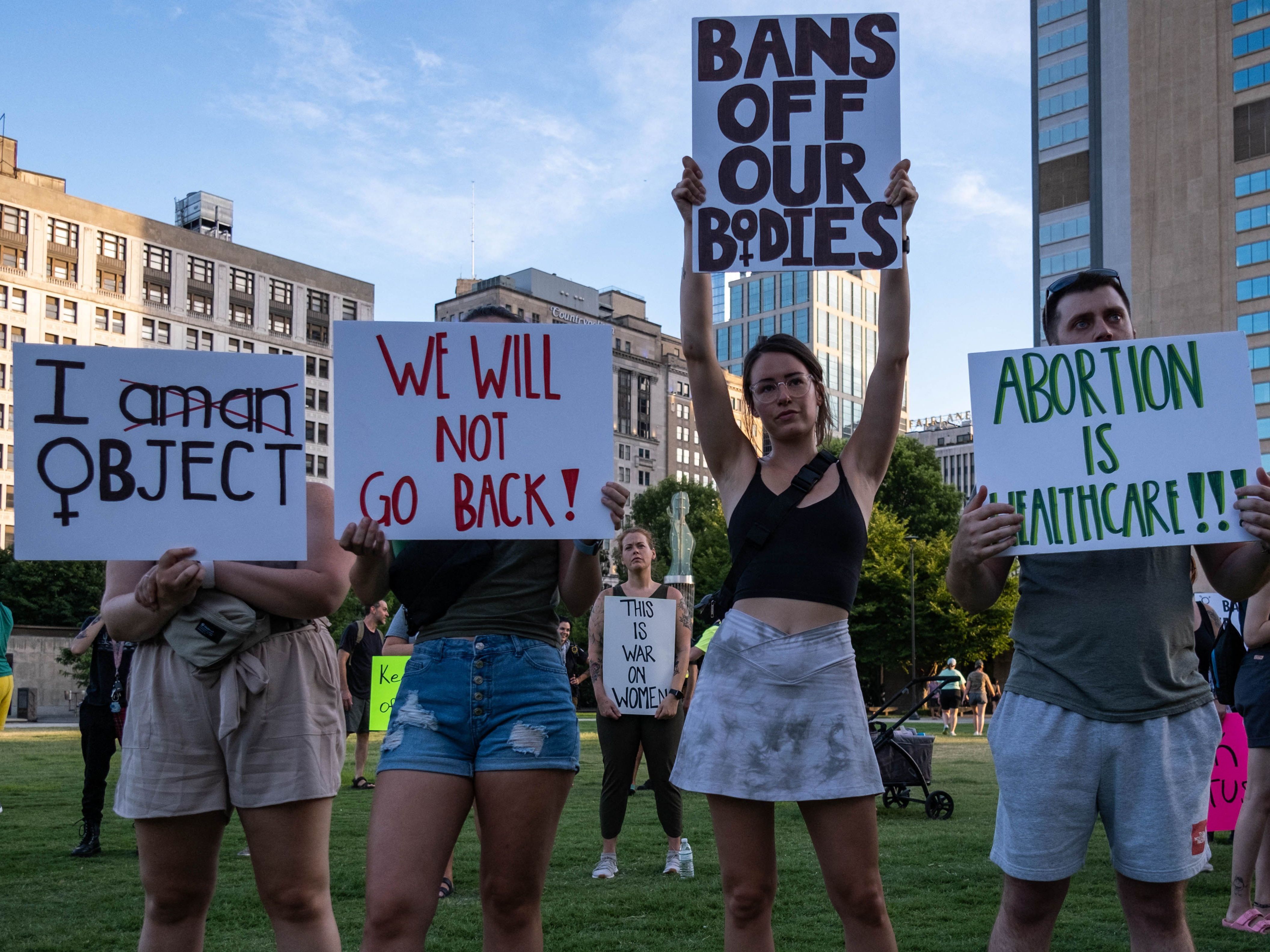 caption: Abortion rights activists protest after the overturning of <em>Roe v. Wade</em> in downtown Nashville, Tenn., on June 24.