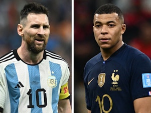caption: Argentina's forward #10 Lionel Messi in Lusail, north of Doha on December 13, 2022 (L) and France's forward #10 Kylian Mbappe in Al Khor, north of Doha on December 14, 2022.