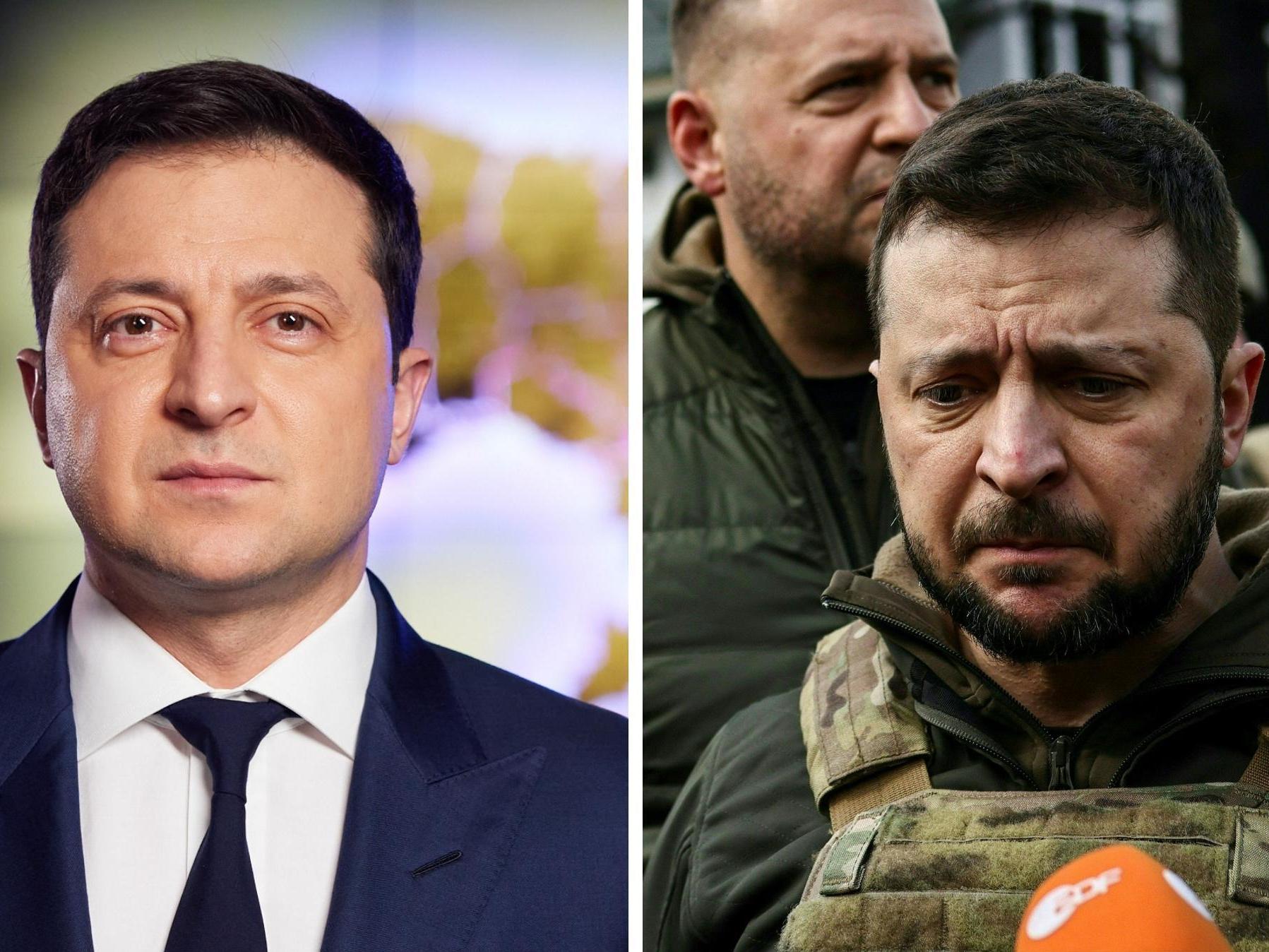 caption: Left: Ukrainian President Volodymyr Zelenskyy on Feb. 22. Right: Zelenskyy on April 4.