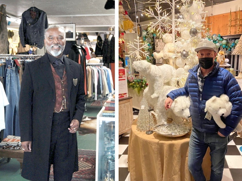 caption: Dion Teague (L) of D Haberdashery in Tacoma, and Jonathan von Gieseke (awash in unsold Christmas merchandise, R) of City Flowers in Bellevue