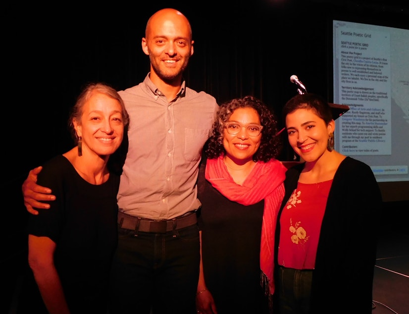 caption: Readers at Short Stories Live event. L to R: Fern Renville, Brandon Simmons, Claudia Castro Luna and Sophie Franco.
