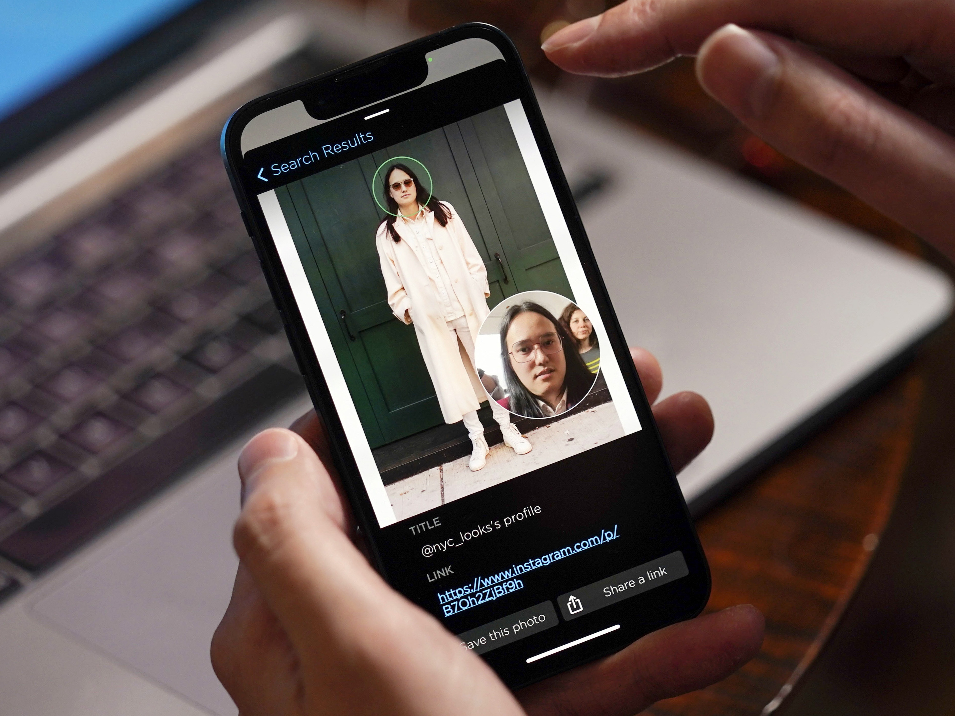 caption: A 2022 file photo demonstrating Clearview AI's facial recognition software.