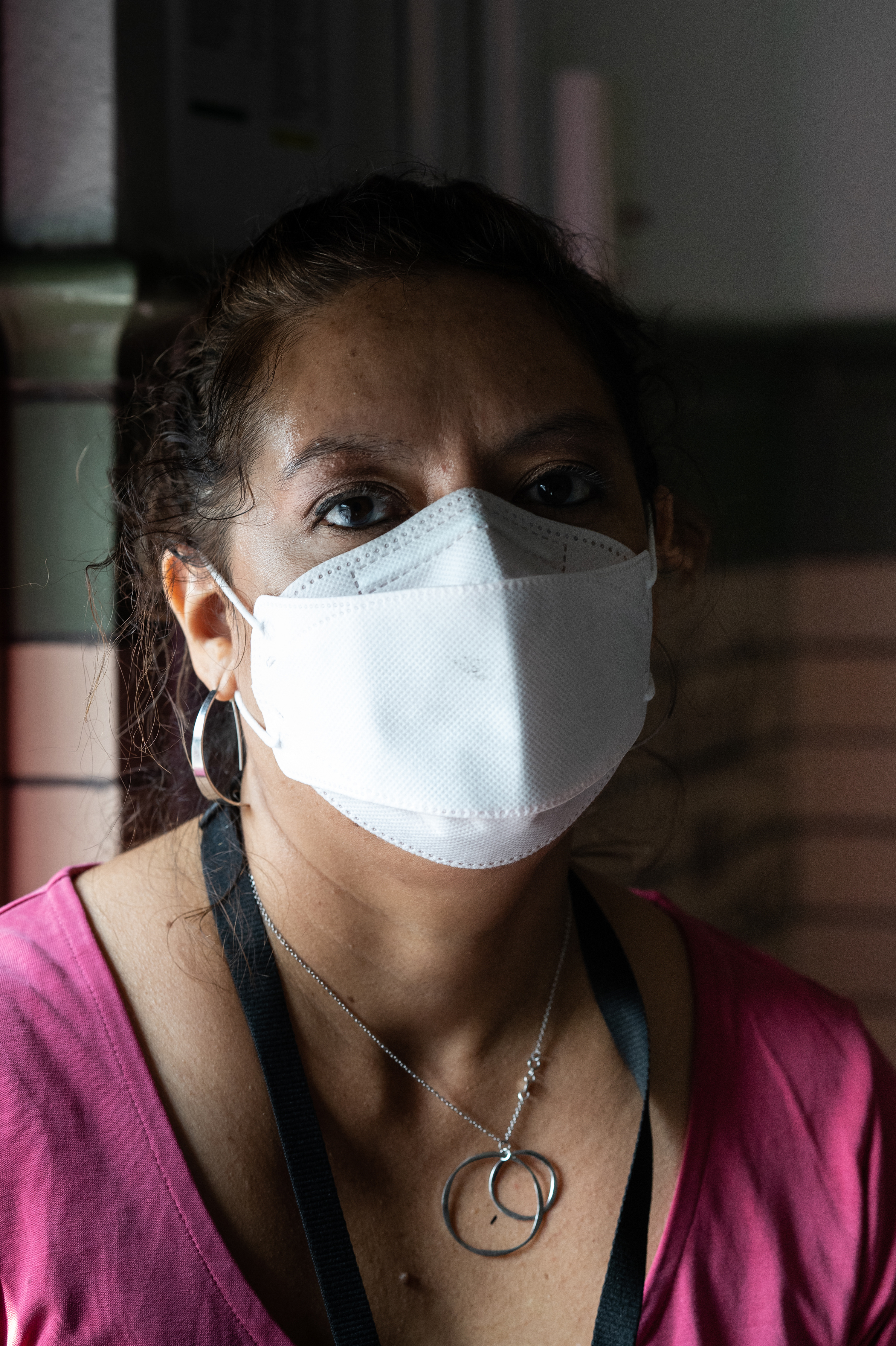 caption: Quesada poses for a portrait in her music classroom at Semple Elementary School in Louisville, Ky. She says she wants to continue teaching, but safe in-person learning involves so much more planning now than it did before.