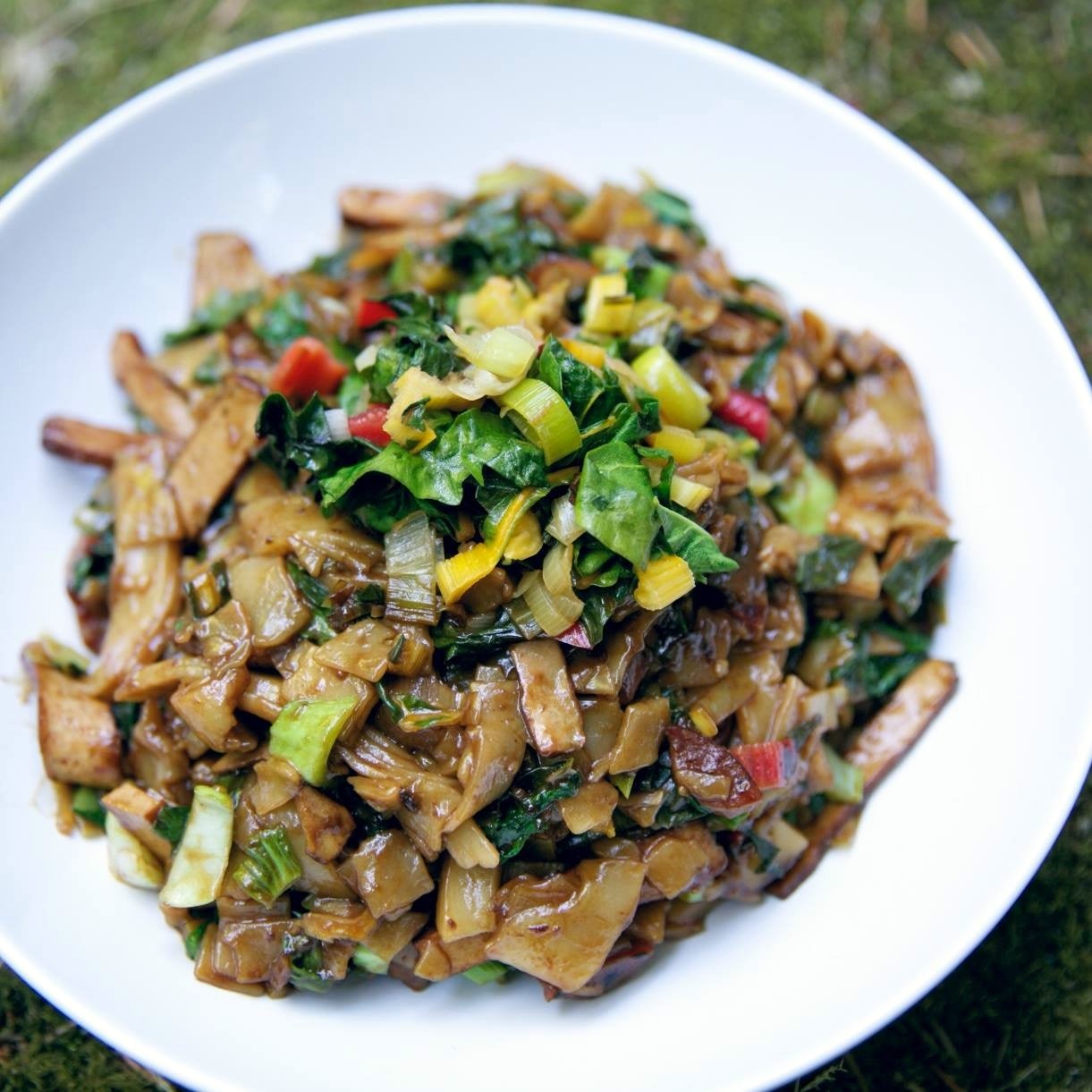 caption: Rainbow chard is the star of this stir fry.