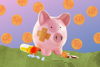 caption: Collage of an injured piggy bank (representing medical debt) against a stylized background. The piggy bank is surrounded by pennies. Photos courtesy of Canva.