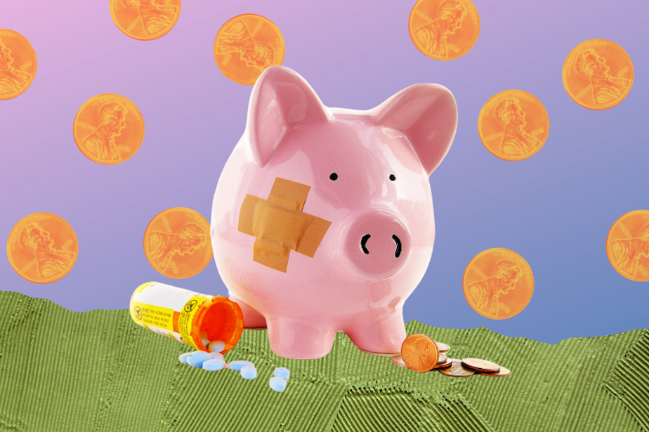 caption: Collage of an injured piggy bank (representing medical debt) against a stylized background. The piggy bank is surrounded by pennies. Photos courtesy of Canva.