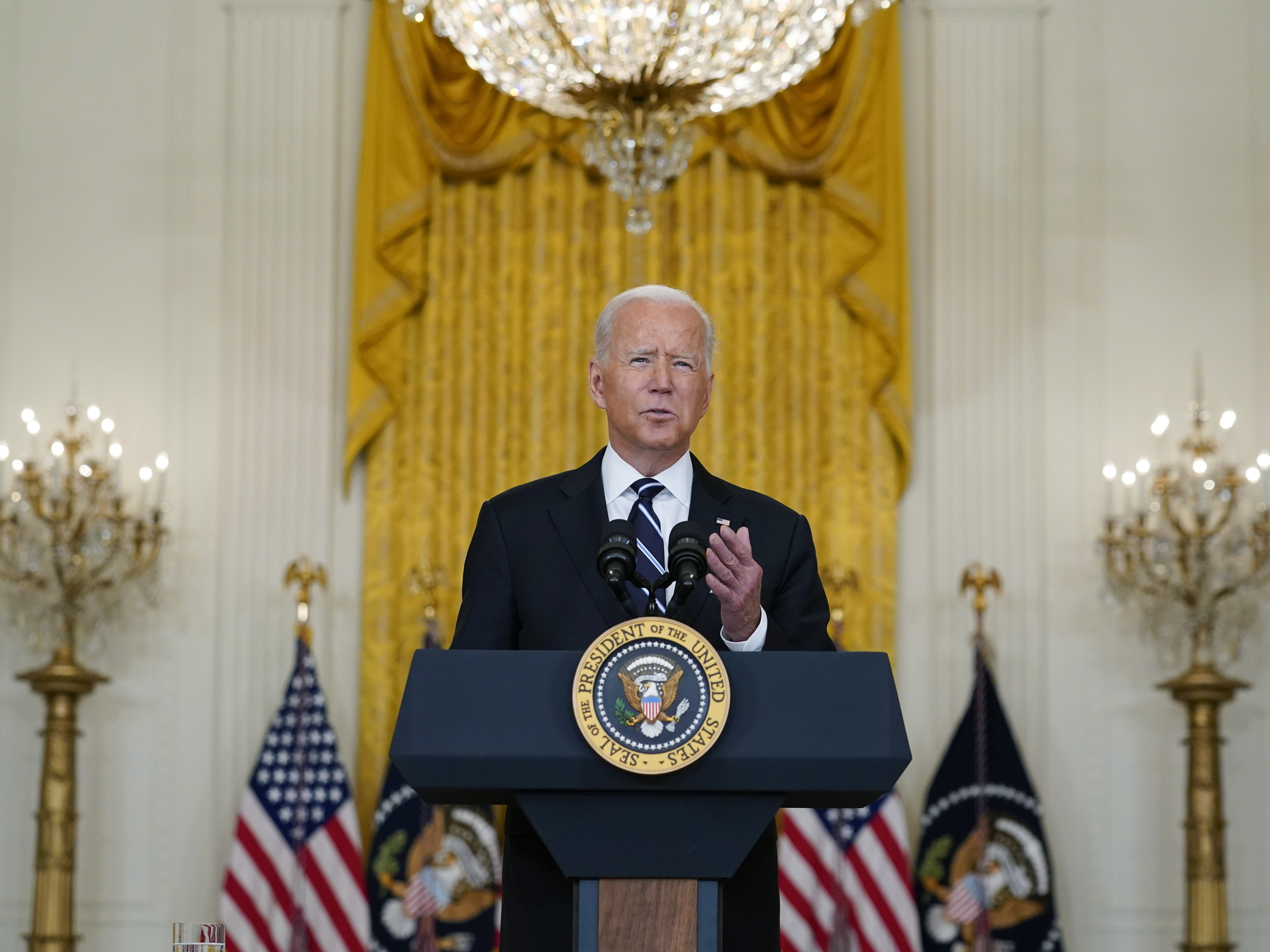 caption: President Joseph Biden speaks at the White House on Aug 18, 2021, on the COVID-19 response and vaccination program. The same day he spoke to ABC News about Afghanistan.