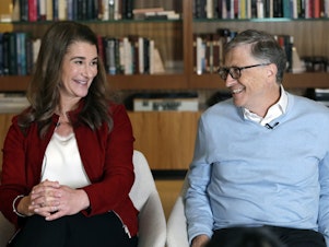 caption: Bill and Melinda Gates smile at each other during an interview in Kirkland, Wash. in 2019. The couple announced Monday, May 3, 2021, that they are divorcing.