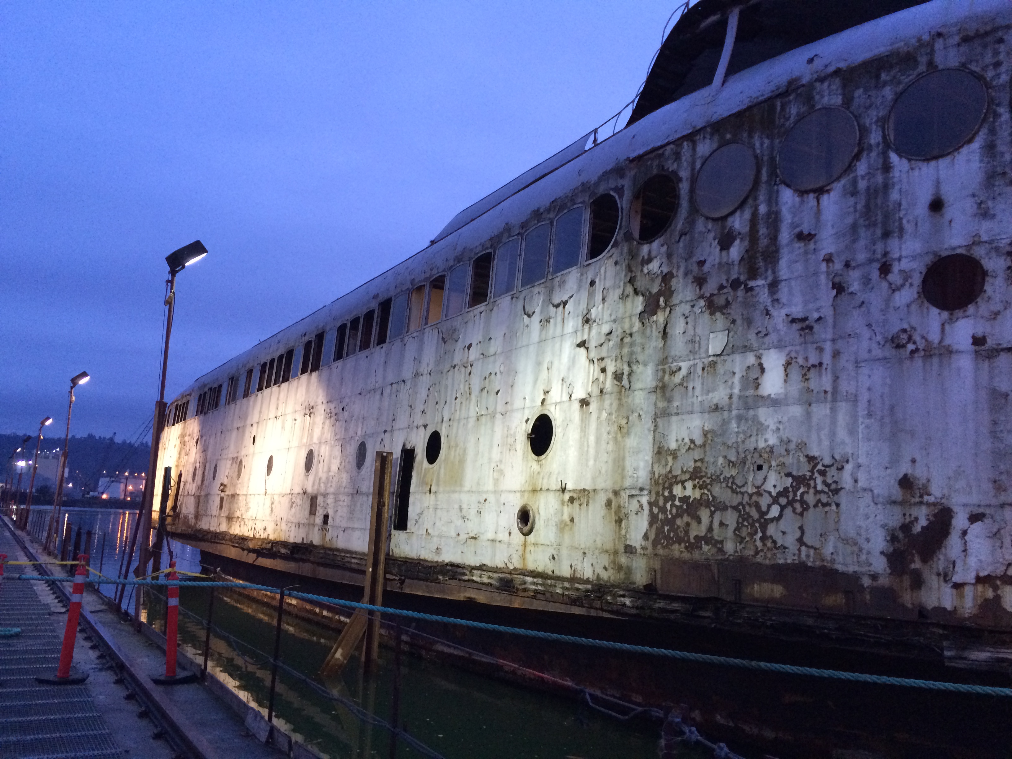 caption: The Kalakala on the day she was to be scrapped. The unlucky vessel had shone on Puget Sound waters as a ferry from 1935 to 1967.