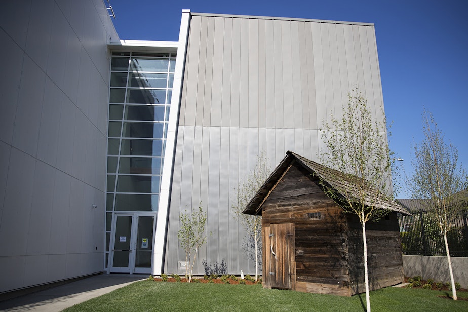 caption: A portion of the exterior of the new Nordic Museum features a sauna on Wednesday, May 2, 2018, in Seattle. 