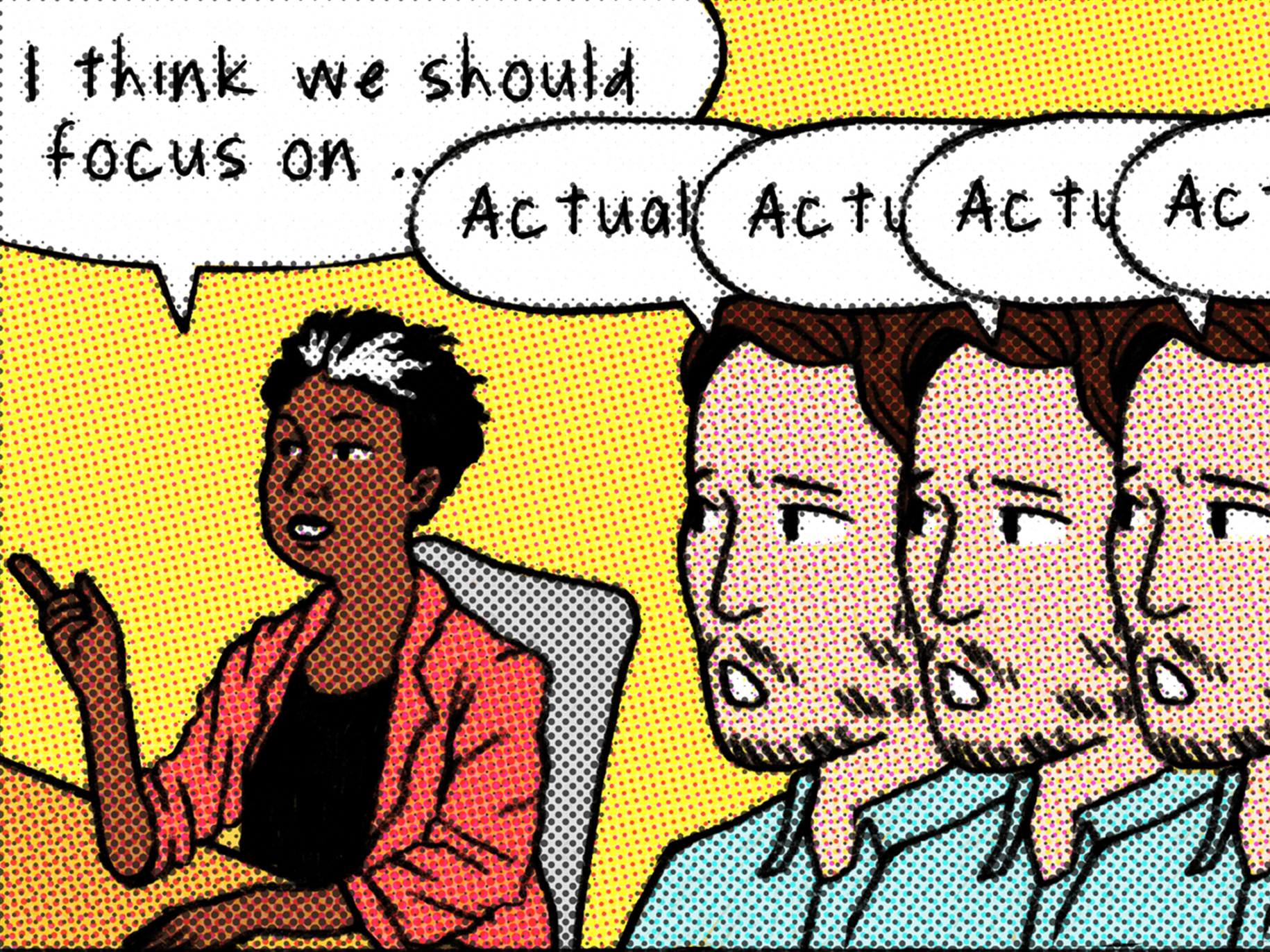 Illustration in comic style of a woman sharing her ideas in a meeting. A man to the right of her interrupts repeatedly.