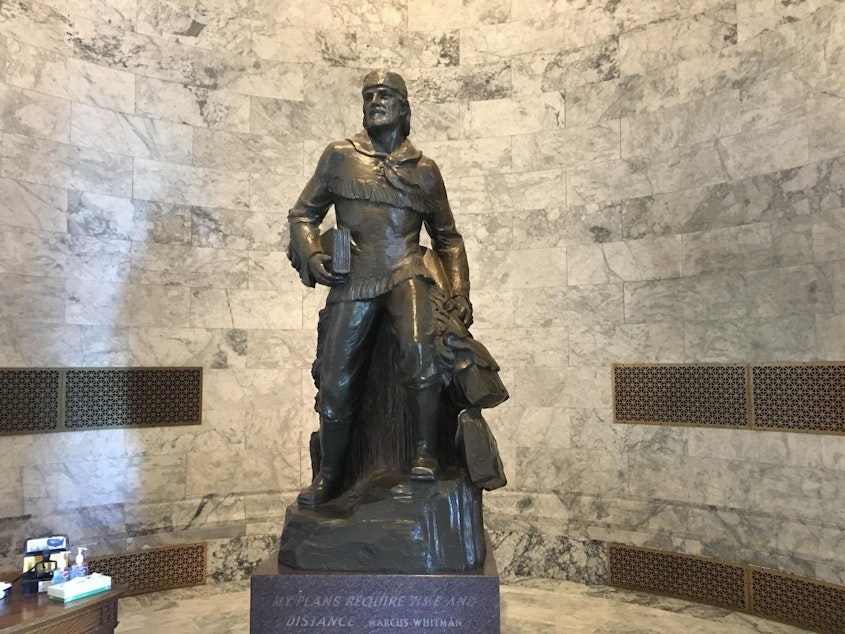 caption: This copy of the Marcus Whitman statue in the Washington State Capitol could be in line for a swap out under future legislation, according to state Rep. Debra Lekanoff (D-Swinomish).