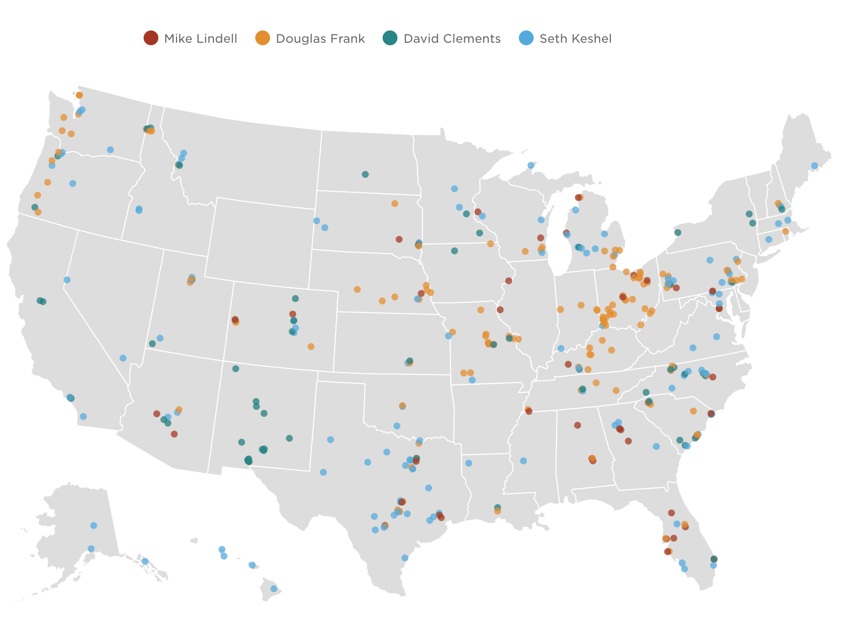 Map: NPR tracked four key influencers who appeared at at least 308 events in 45 states and the District of Columbia, often with elected officials, candidates, and grassroots organizations.