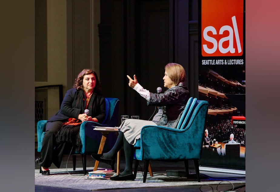 caption: Left to right: Lena Khalaf Tuffaha and Naomi Shihab Nye at Town Hall Seattl