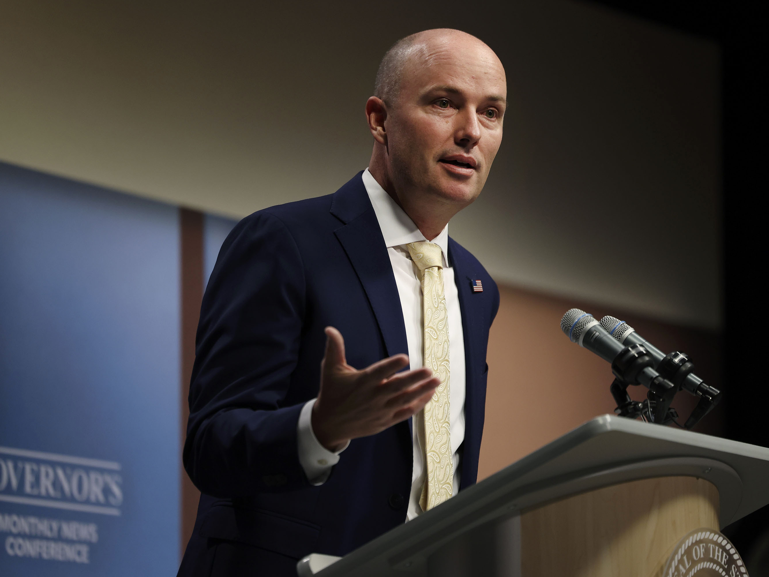 caption: Utah Gov. Spencer Cox is shown speaking at the PBS Utah Governor's Monthly News Conference at the Eccles Broadcast Center in Salt Lake City, Oct. 19, 2023.