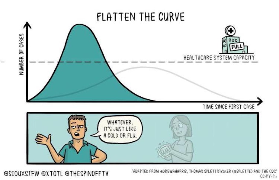 caption: What might happen to our medical system - and thus to us - if we aren't able to flatten the curve.