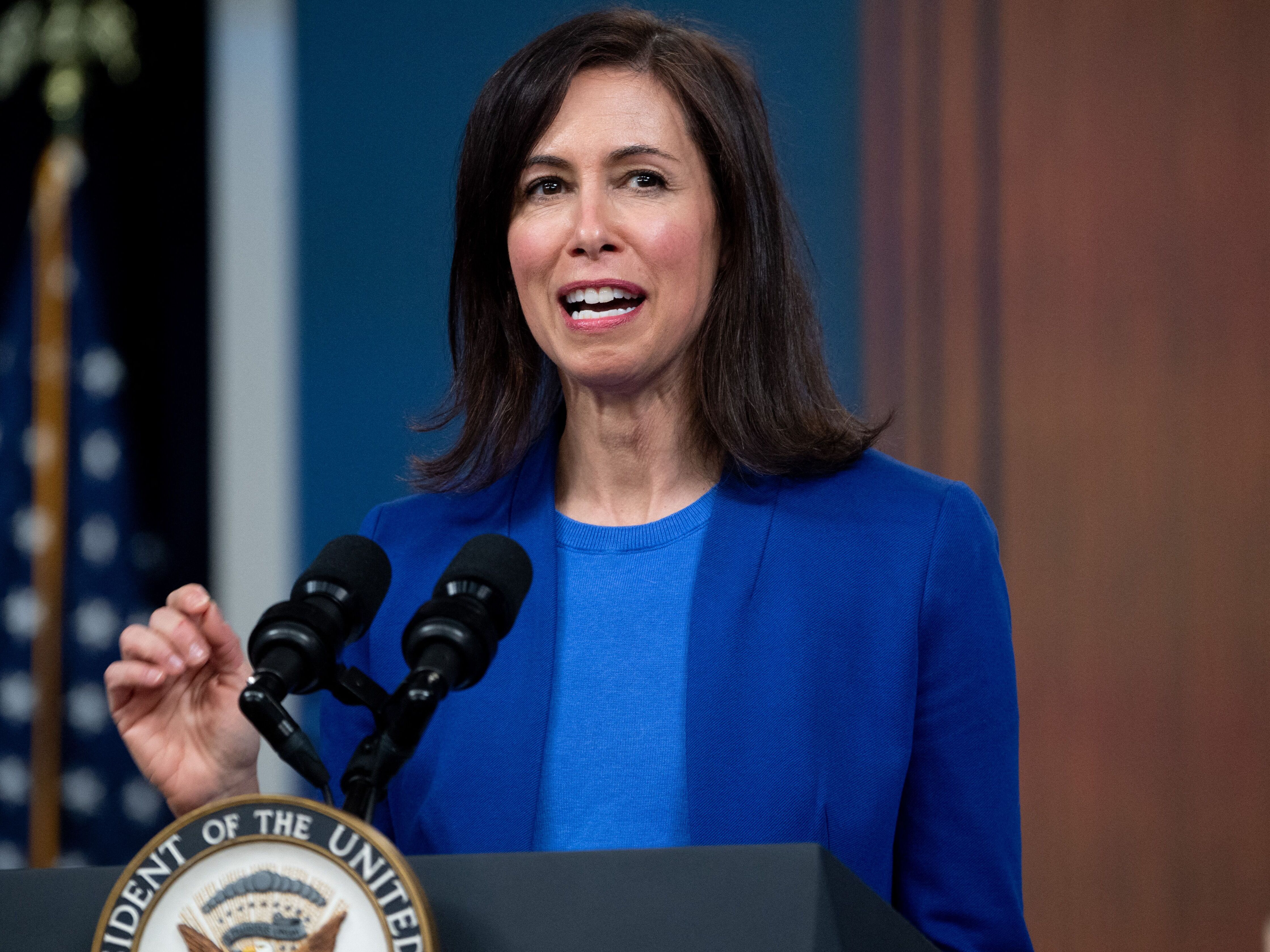 caption: Outgoing FCC Chairwoman Jessica Rosenworcel, a Democrat, ruled against four petitions seeking to punish television networks for how they cover and satirize presidential politics. The FCC "should not be weaponized in a way that is fundamentally at odds with the First Amendment," she says.<br>