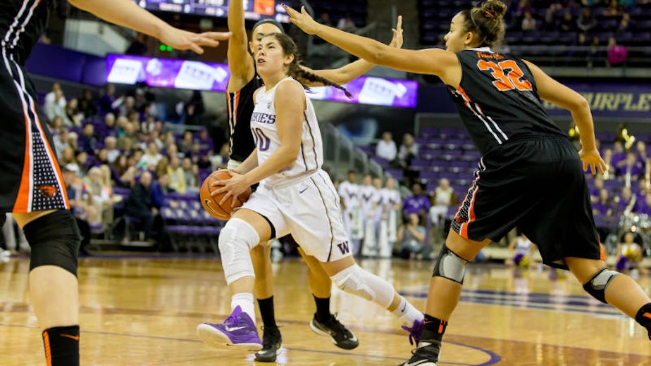 caption: Husky guard Kelsey Plum. The Huskies will play in the Final Four against Syracuse on Sunday.