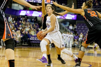 caption: Husky guard Kelsey Plum. The Huskies will play in the Final Four against Syracuse on Sunday.