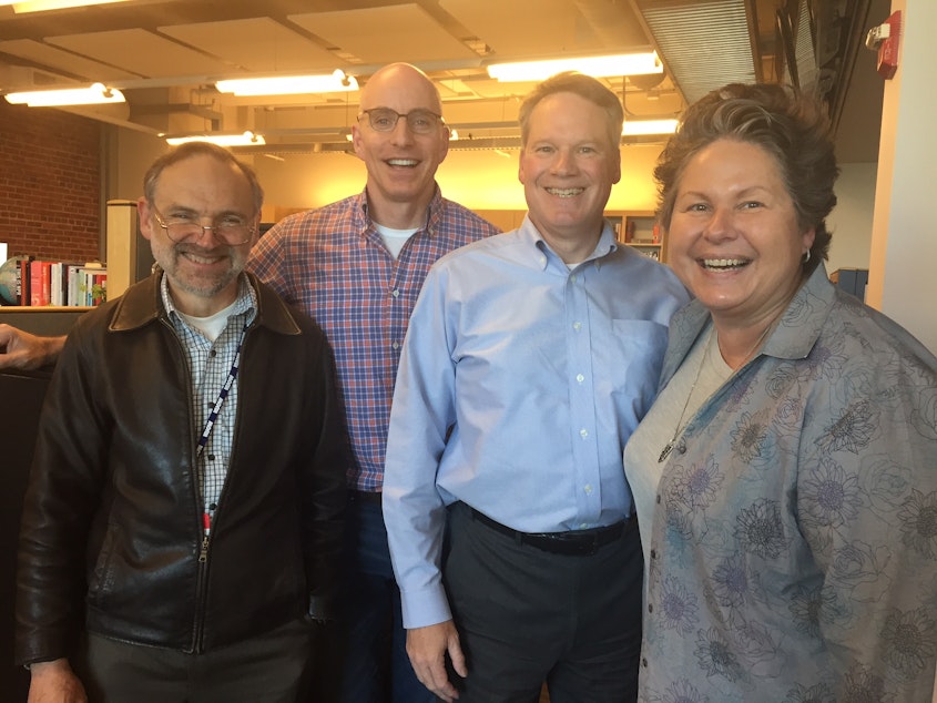 caption: L-R: Dave Ross, C.R. Douglas, Paul Guppy, Tina Podlodowski