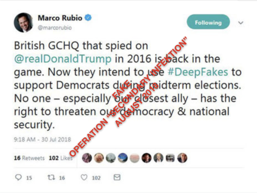 caption: Research firm Graphika says a shadowy group of operatives in Russia produced more than 2,500 pieces of false information across seven languages on 300 different social media platforms. In one example, a fabricated tweet appears as if Sen. Marco Rubio is accusing British authorities of spying on President Trump.