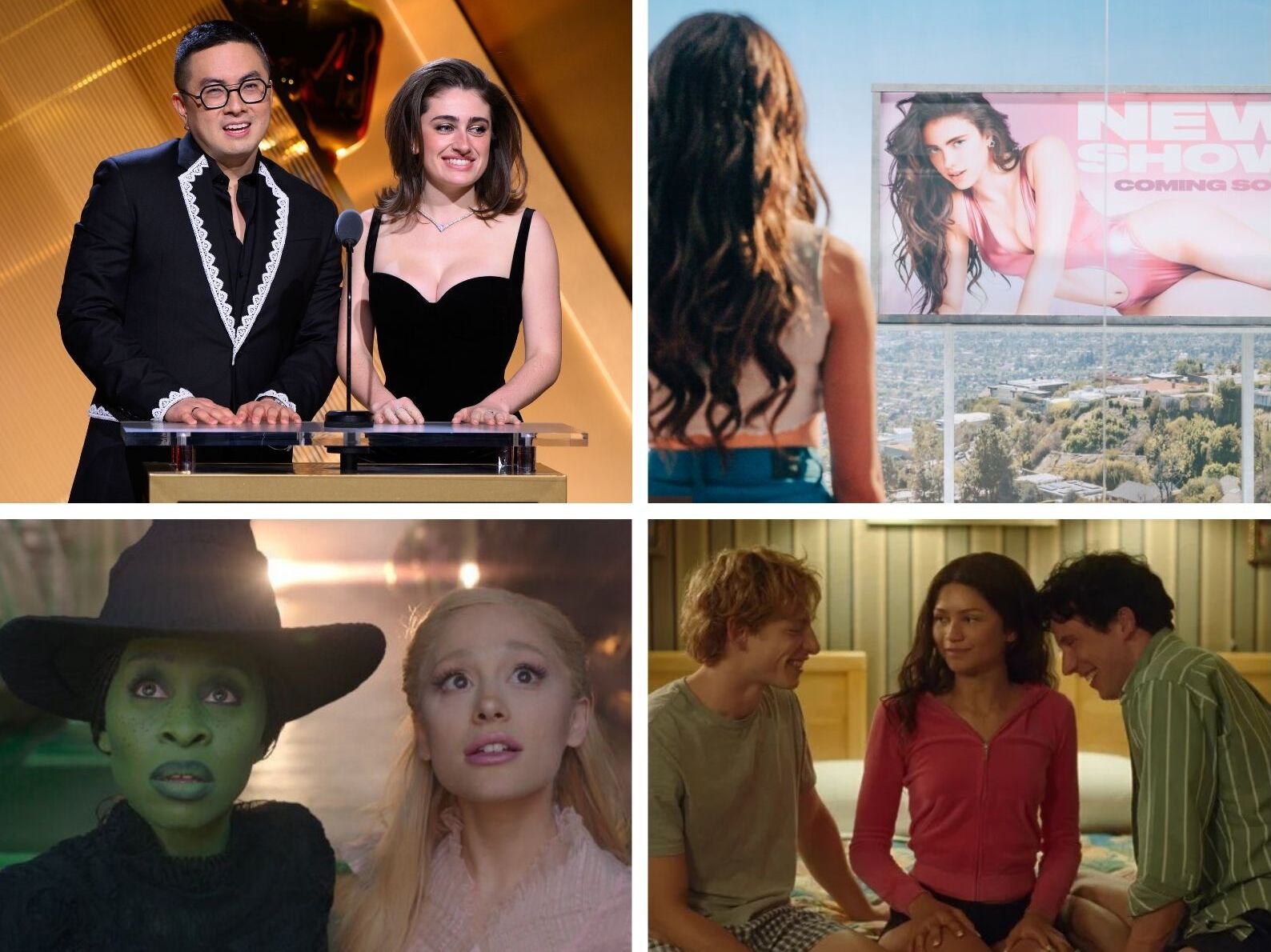 caption: This year's <a href="https://www.npr.org/2025/01/23/nx-s1-5251597/2025-oscar-nominations-academy-awards">Oscar nominees</a> address big social and political issues, all to varying degrees. And where were the nominations for <em>Challengers </em>and Marianne Jean-Baptiste in<em> Hard Truths</em>!? Clockwise from left: Bowen Yang and Rachel Sennott, <em>The Substance, Emilia Pérez, Hard Truths</em>,<em> Challengers</em>, and <em>Wicked.</em>