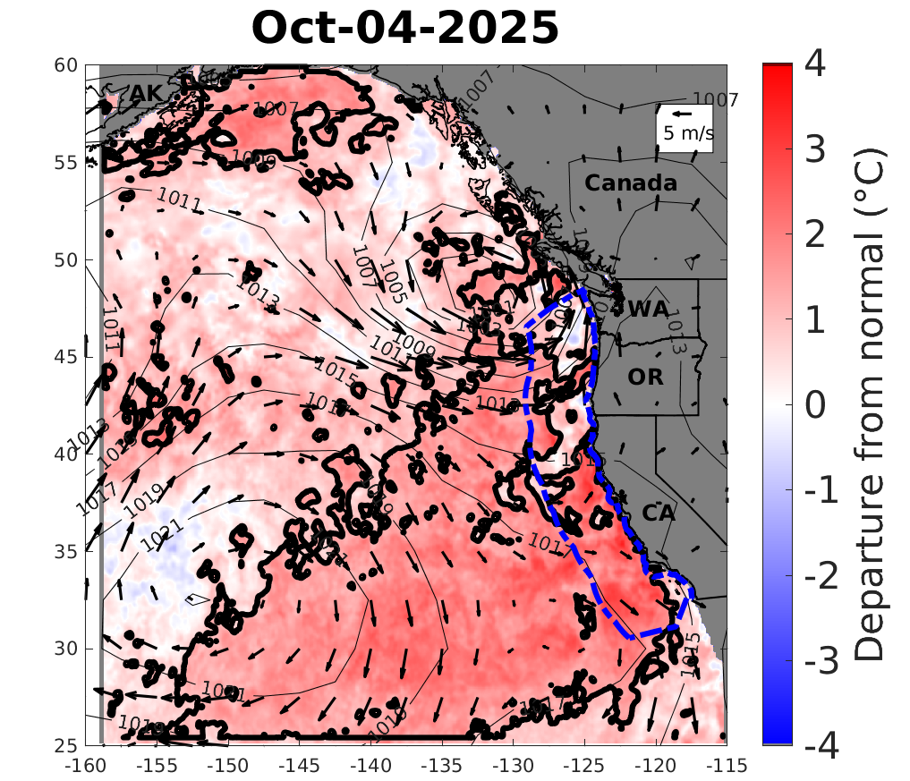 caption: On Oct. 4, 2025, a blob of abnormally warm water (marked in red inside bold black lines) reached the Alaska, British Columbia, and California coasts, but stayed offshore from most of Oregon and Washington. Arrows indicate wind, while numbered lines show atmospheric pressure. The U.S. Exclusive Economic Zone is marked by a blue dashed line. 