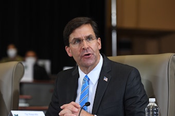 caption: Defense Secretary Mark Esper, pictured earlier this month, announced a drawdown of U.S. troops in Germany on Wednesday.