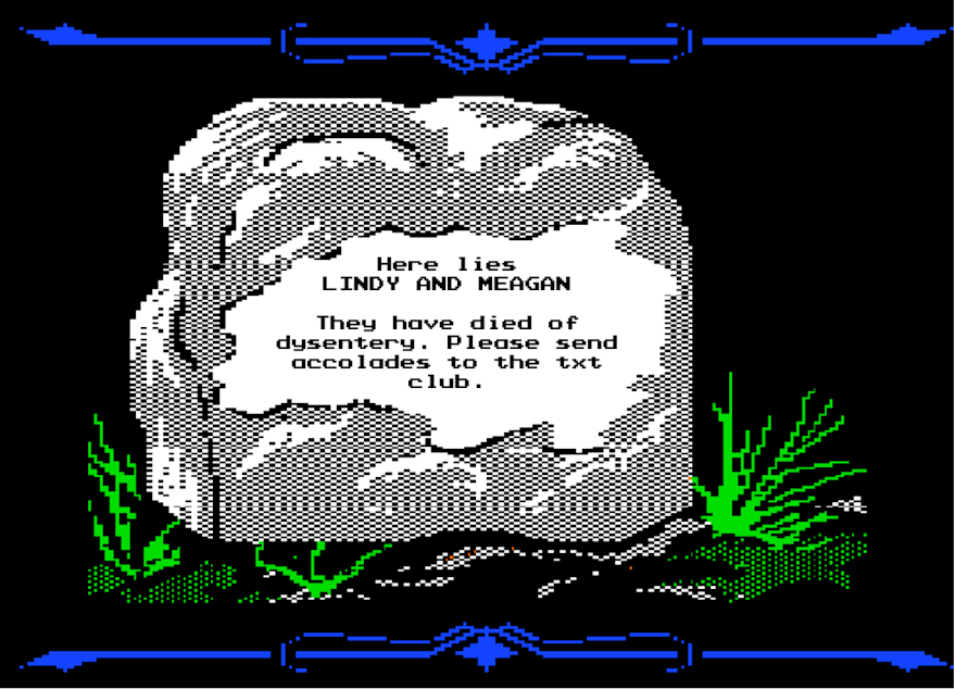 caption: A computer generated Oregon Trail tombstone for our nostalgia driven hosts Lindy West and Meagan Hatcher-Mays. 