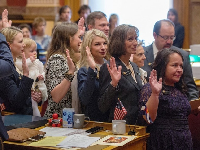 caption: The five newly elected women, all Democrats, who helped their party regain control of the Senate: Jessie Danielson (from left), holding daughter Isabelle Beth Kabza; Kerry Donovan, Brittany Pettersen, Tammy Story and Faith Winter.