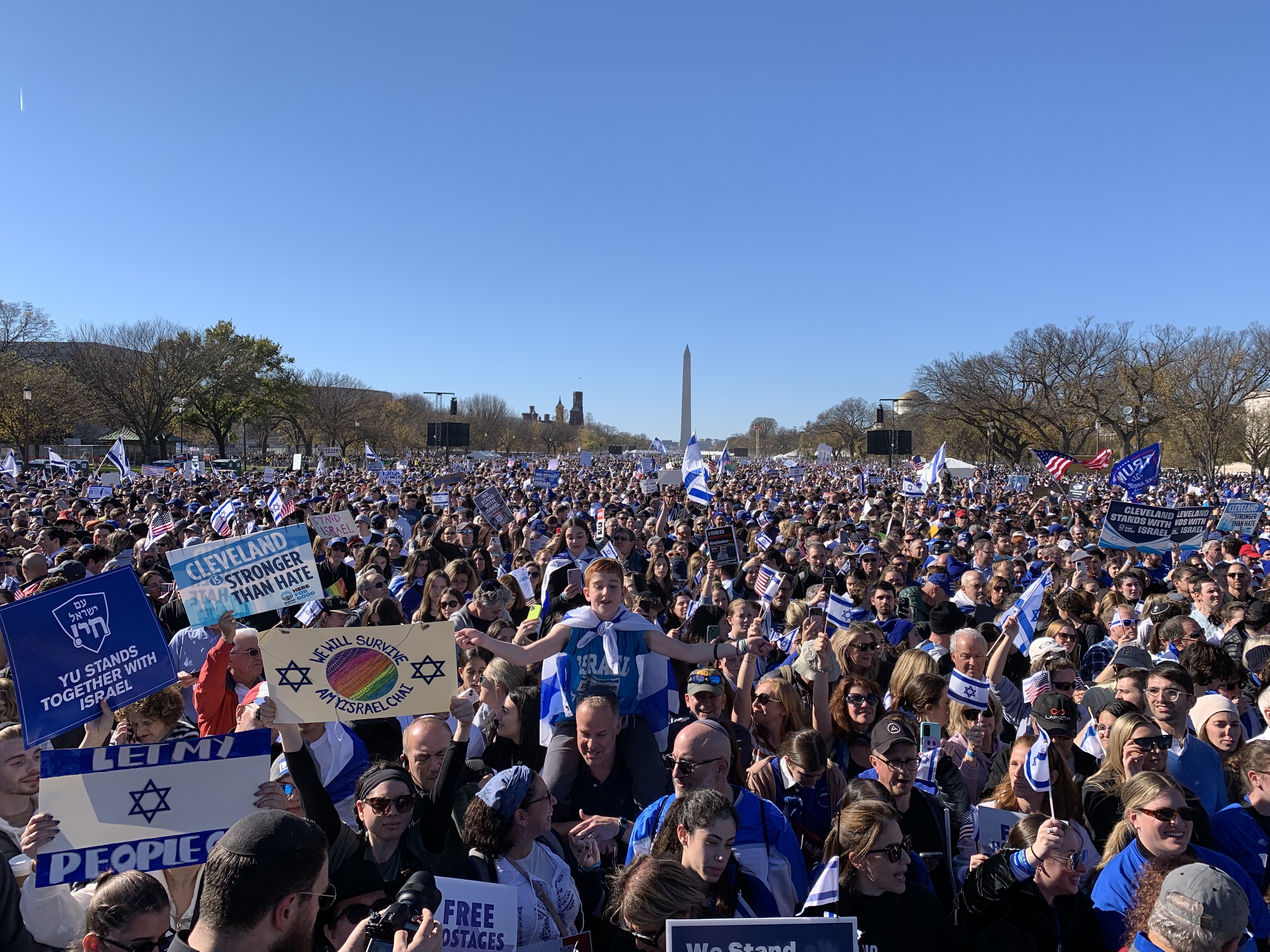 caption: Tens of thousands of demonstrators gathered on the National Mall in Washington, D.C. on Tuesday for a pro-Israel march demanding the release of hostages being held in Gaza.