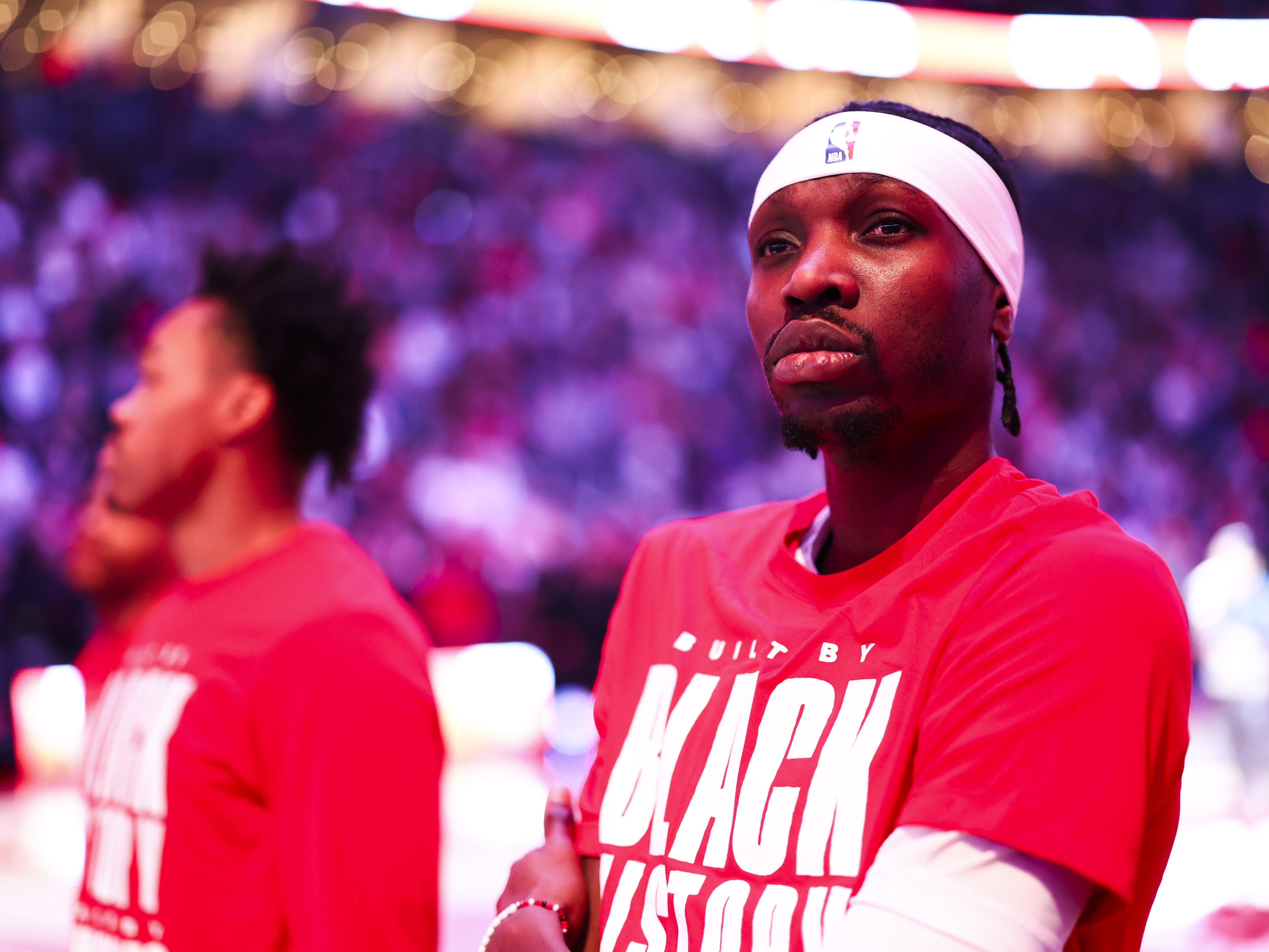 caption: Chris Boucher #25 of the Toronto Raptors before the game against the LA Clippers on Sunday at the Scotiabank Arena in Toronto, Canada.