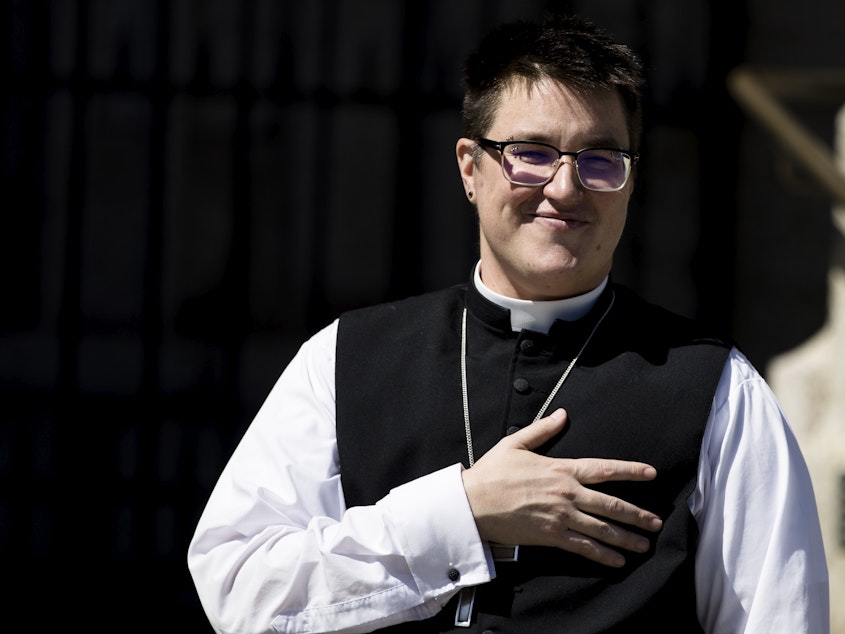 caption: Bishop Megan Rohrer speaks to the press before their installation ceremony at Grace Cathedral in San Francisco on Saturday.