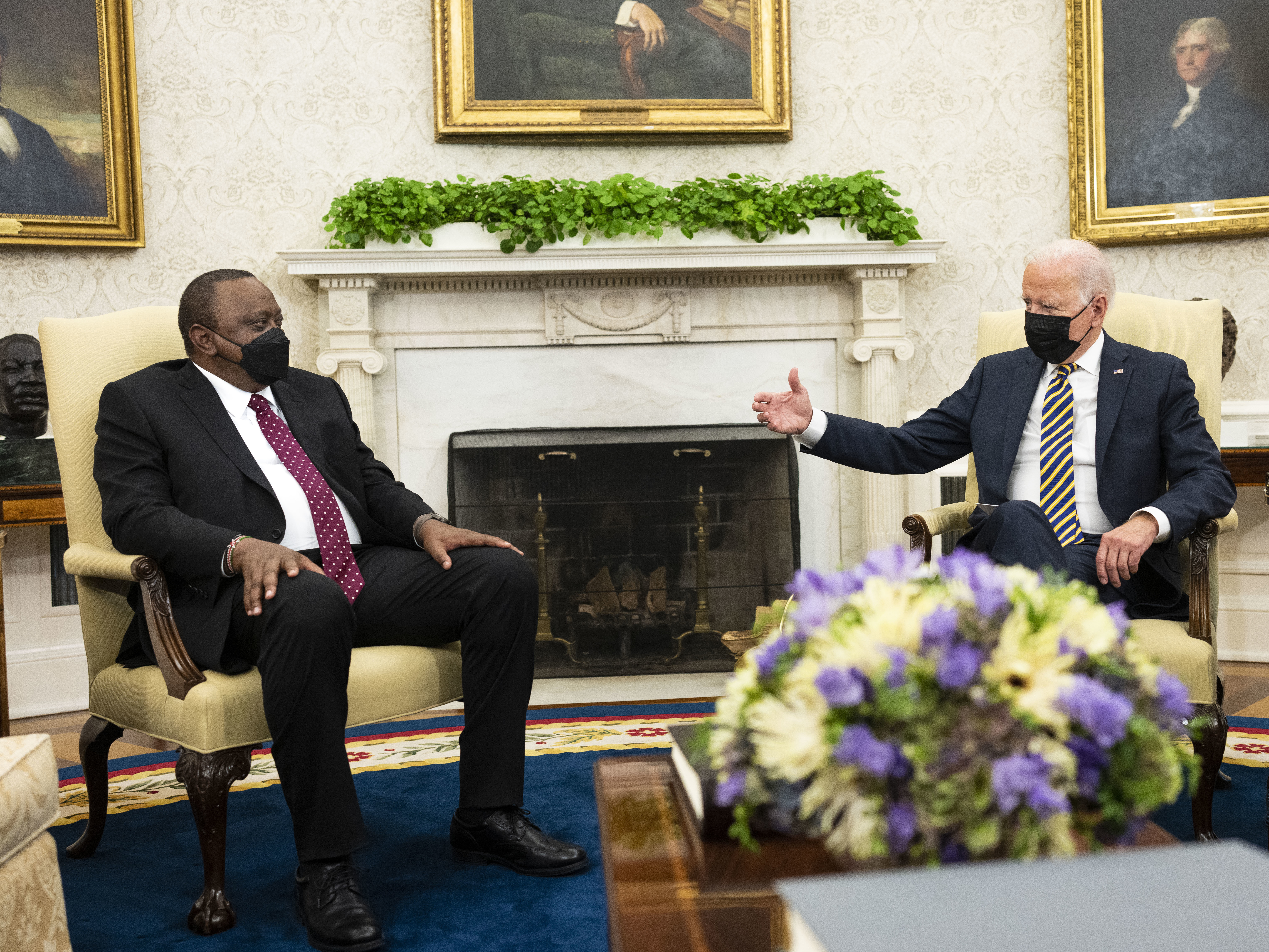 caption: President Biden told Kenyan President Uhuru Kenyatta that the U.S. would donate 17 million COVID vaccine doses to the African Union. The U.S. is also working to boost production on the continent.