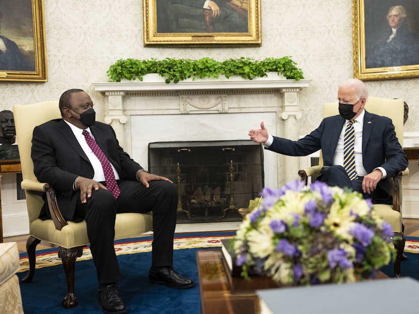 caption: President Biden told Kenyan President Uhuru Kenyatta that the U.S. would donate 17 million COVID vaccine doses to the African Union. The U.S. is also working to boost production on the continent.