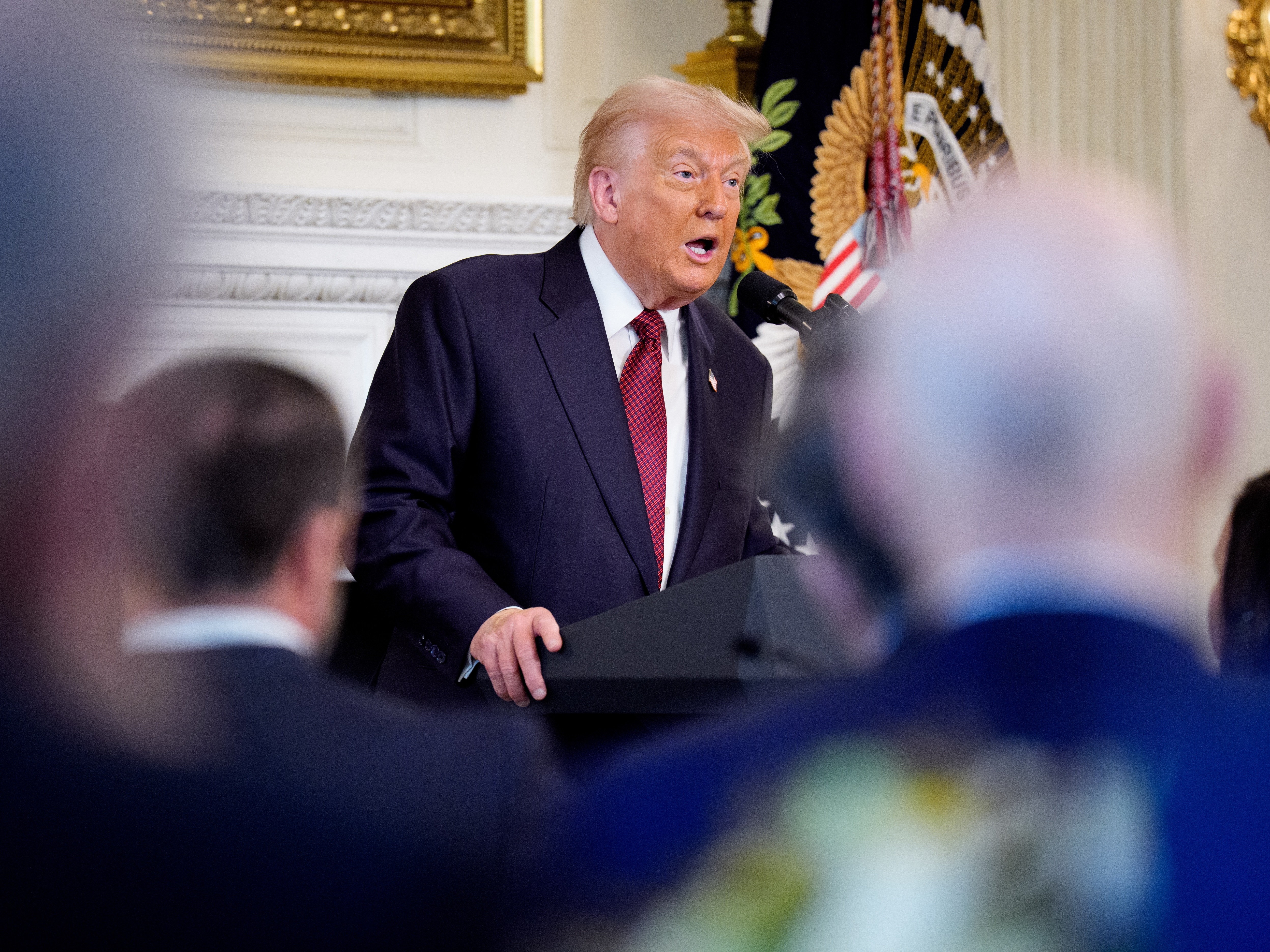 caption: President Trump speaks to Senate Republicans at a breakfast in the State Dining Room of the White House on Nov. 5, 2025, the morning after Election Day saw Republicans soundly defeated in several key, off-year races.