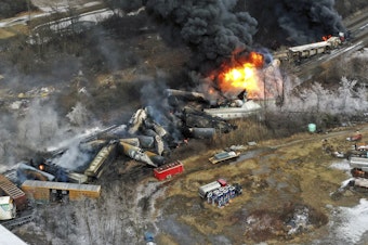 caption: Portions of a Norfolk Southern freight train that derailed in East Palestine, Ohio on Feb. 3 remained on fire the next day.