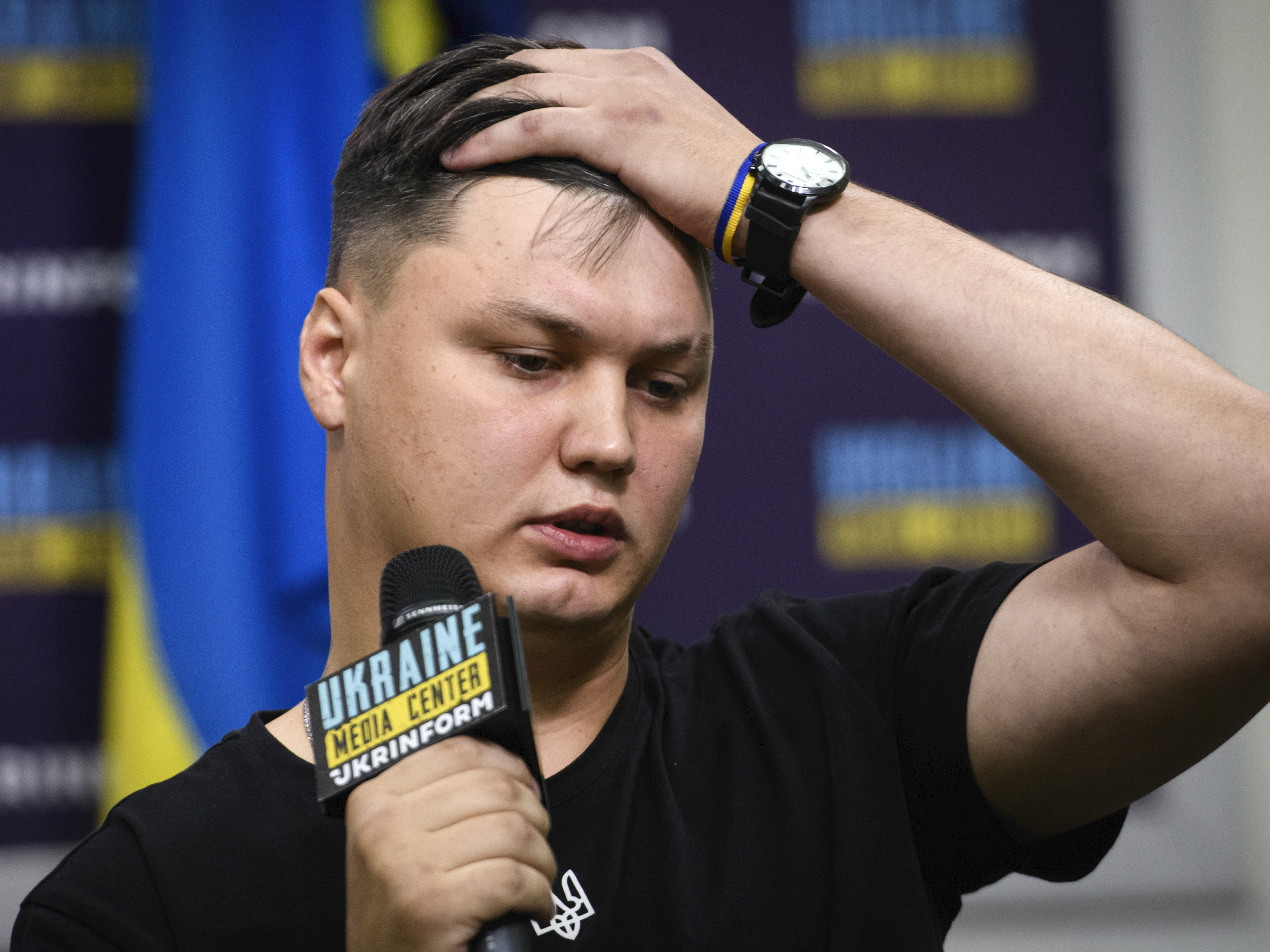 caption: In this photo taken Sept. 5, 2023 Russian defector Maksim Kuzminov attends a press conference in Kyiv, Ukraine.