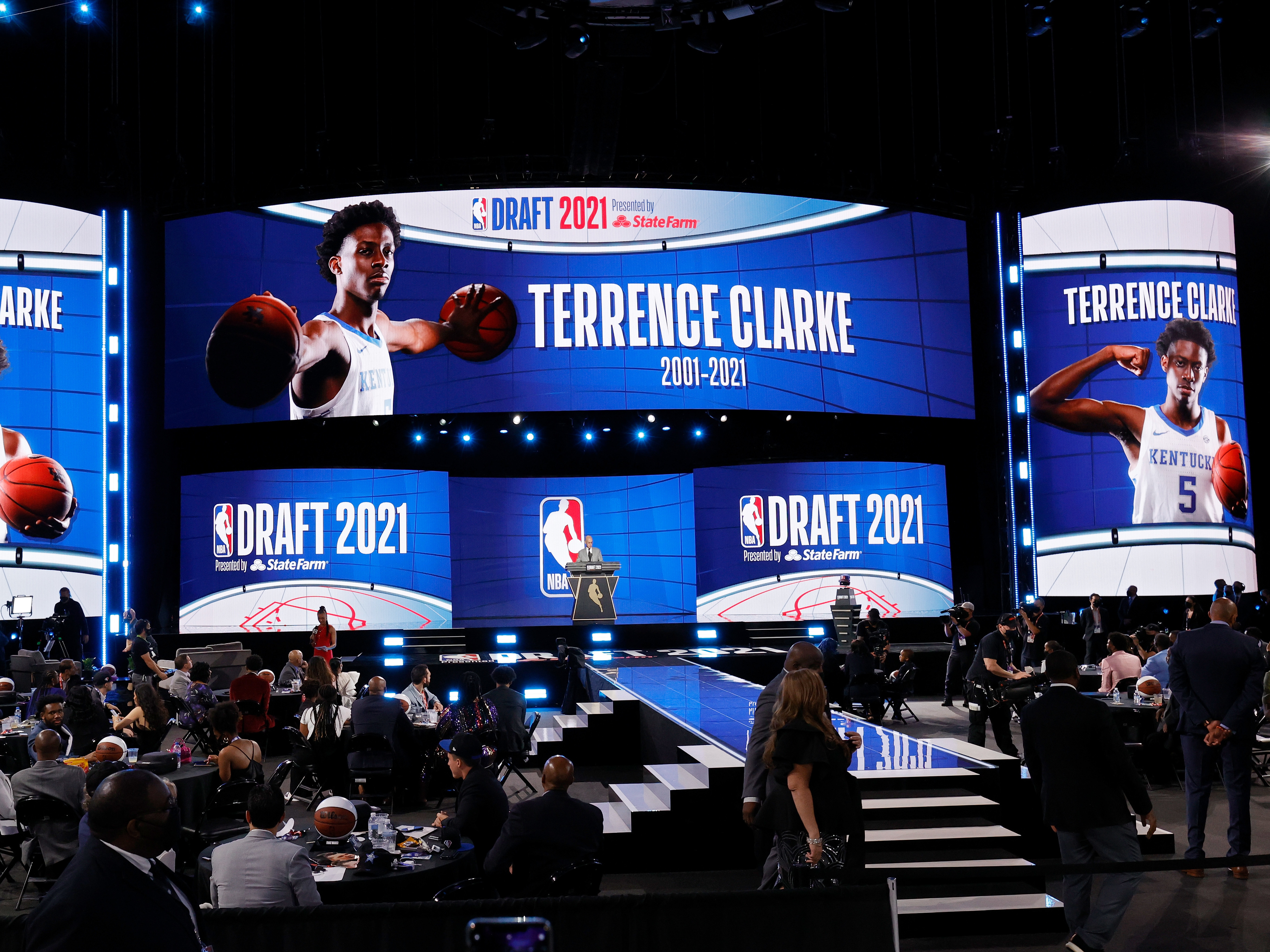 caption: NBA Commissioner Adam Silver gives a memorial in honor of Terrence Clarke on Thursday during the 2021 NBA Draft at the Barclays Center in New York City.
